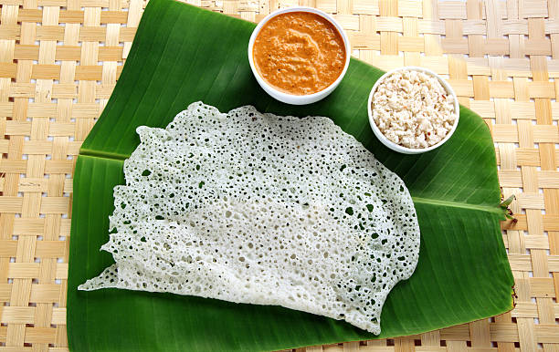 South Indian meal Neer Dosa with vegetable sagu and coconut chutney.