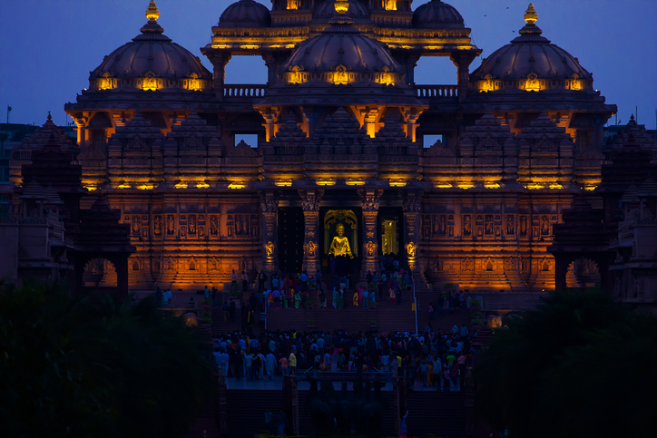 Delhi India. Delhi. The temple Akshardham in evening illumination