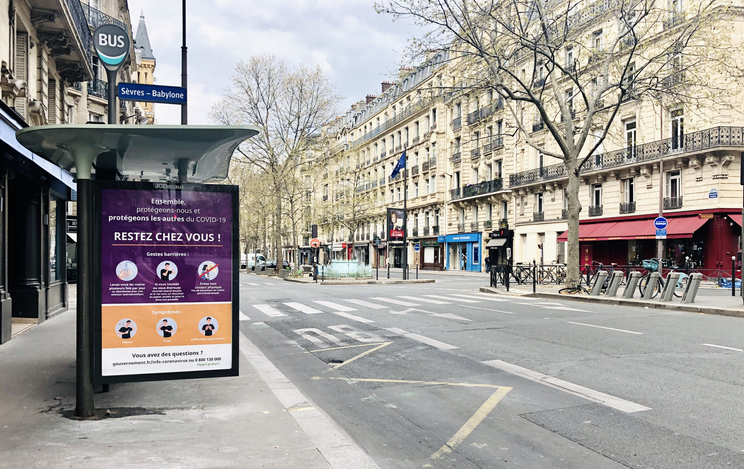 Empty Boulevard Raspail in Paris during Covid-19 pandemic in Europe.