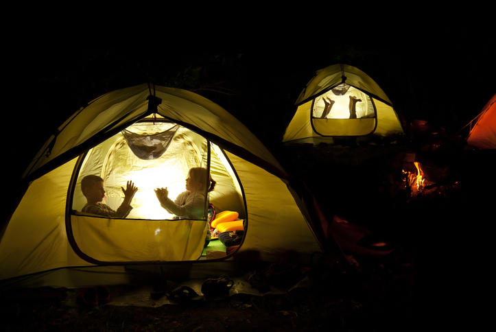 Children playing in tents, Backyard Camping