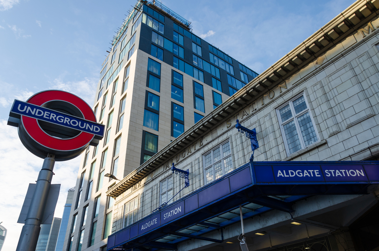 Entrance canopy to Aldgate Station which is on the London Underground Circle Line