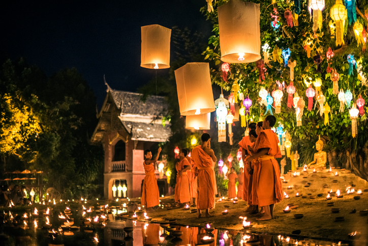 Monks light paper lanterns annually at Wat Phan Tao temple during the Loi Krathong Festival which is among the popular lantern festivals