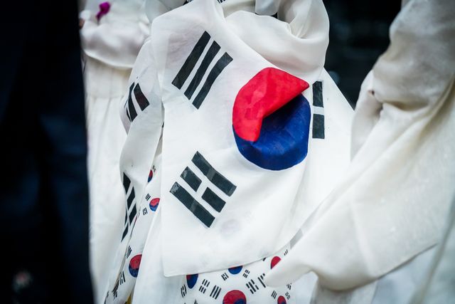 South Korean flag on fabric, showcasing its vibrant colors.