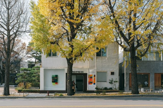 Serene urban scene in Seoul with fall foliage and quaint building exteriors