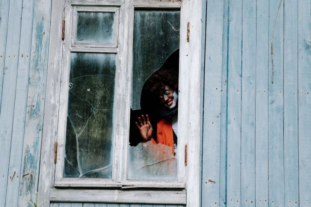 A terrifying clown peeks through a broken window of an abandoned house,