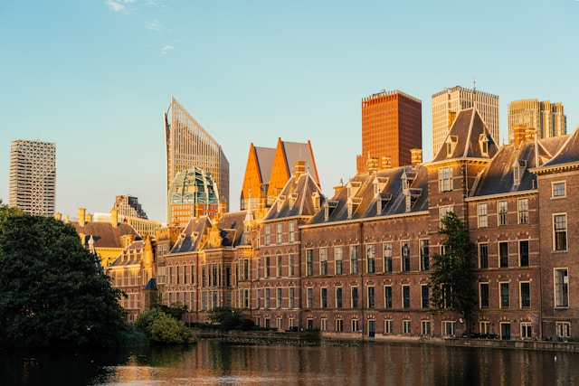 Sunset at Hofvijver in The Hague with the city skyline