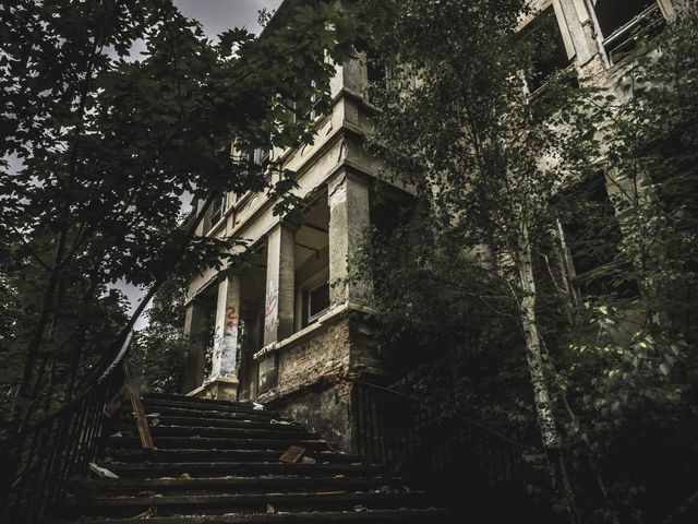 a deserted building surrounded by nature