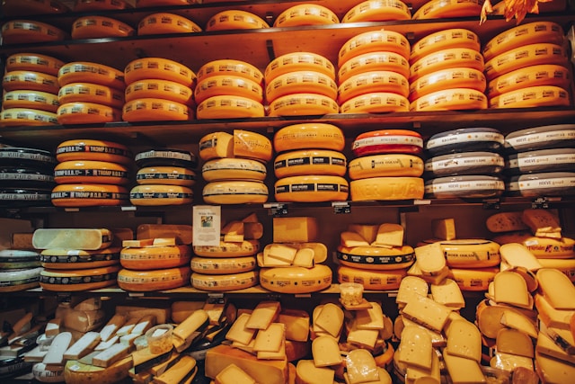 Stacks of cheese at cheeseshop