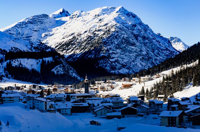 Aerial view of the snow-covered village Lech during winter
