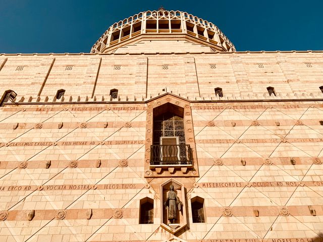 Low angle view of the Basilica of the Annunciation facade in Nazareth, Israel