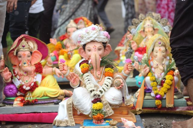 Vibrant Ganesh idols displayed during