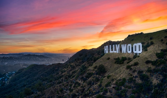 Hollywood Sign, Los Angeles Skyline Aerial California. 