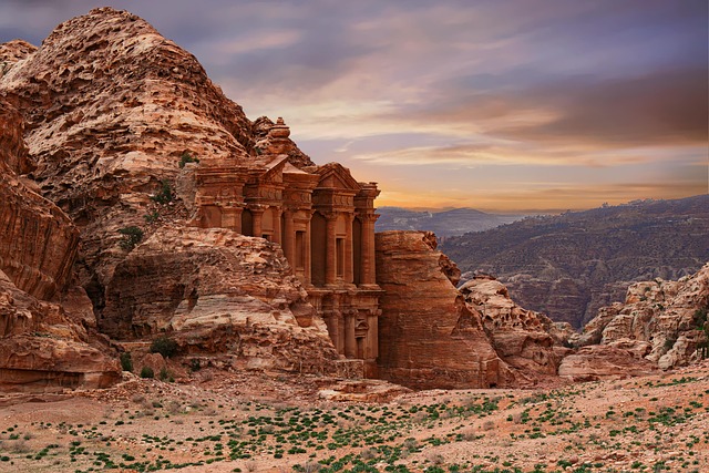 archaeological site city carved out of rose-red sandstone cliffs.