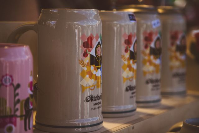 Close-up of colorful beer steins at Oktoberfest