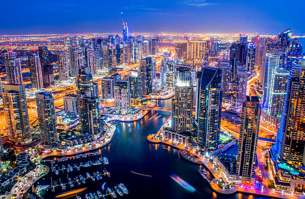 Dubai marina at night taken from the Torch tower.