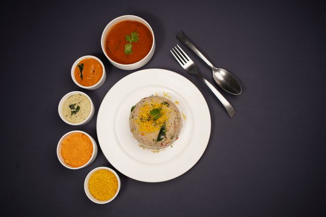South Indian dish from Karnataka chow chow bath with coconut chutney.