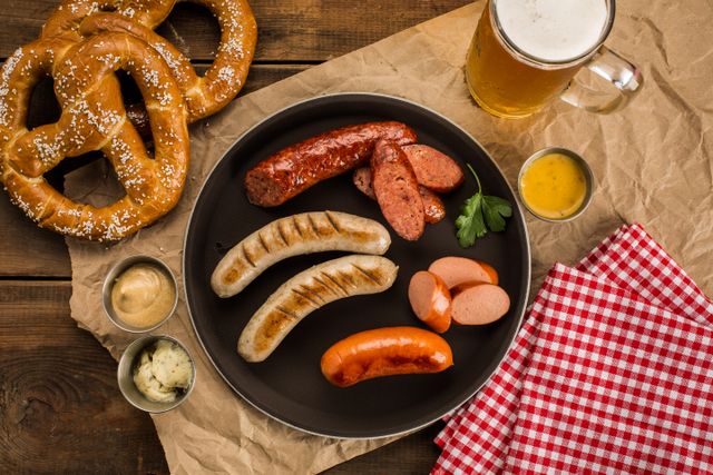 Traditional Bavarian meal. White sausages with sweet mustard and pretzel