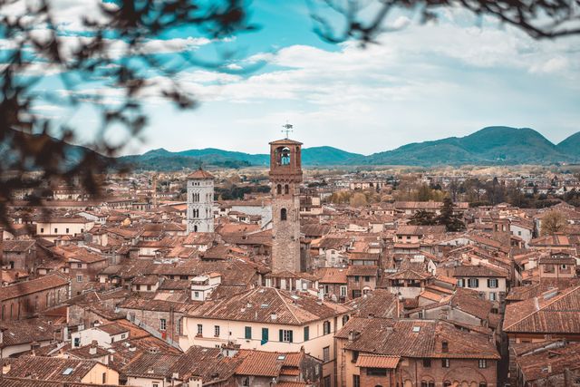 Charming aerial view of Lucca's historic buildings 
